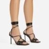 EGO Tour Lace Up Knotted Strap Cage Detail Square Toe Thin Stiletto Heel In Black Faux Leather -EGO shop 06 01 23 fw46072 s