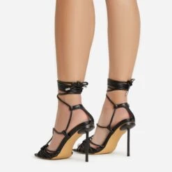 EGO Tour Lace Up Knotted Strap Cage Detail Square Toe Thin Stiletto Heel In Black Faux Leather -EGO shop 06 01 23 fw46074 sb