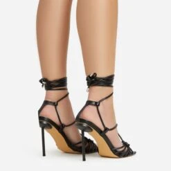 EGO Tour Lace Up Knotted Strap Cage Detail Square Toe Thin Stiletto Heel In Black Faux Leather -EGO shop 06 01 23 fw46075 sb2