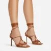 EGO Tour Lace Up Knotted Strap Cage Detail Square Toe Thin Stiletto Heel In Tan Brown Faux Leather -EGO shop 06 01 23 fw46078 s