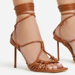 EGO Tour Lace Up Knotted Strap Cage Detail Square Toe Thin Stiletto Heel In Tan Brown Faux Leather -EGO shop 06 01 23 fw46079 sq