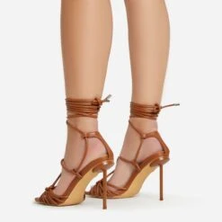 EGO Tour Lace Up Knotted Strap Cage Detail Square Toe Thin Stiletto Heel In Tan Brown Faux Leather -EGO shop 06 01 23 fw46080 sb