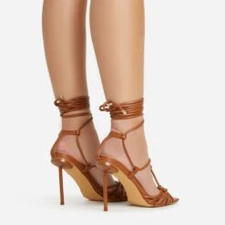 EGO Tour Lace Up Knotted Strap Cage Detail Square Toe Thin Stiletto Heel In Tan Brown Faux Leather -EGO shop 06 01 23 fw46081 sb2