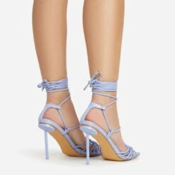 EGO Tour Lace Up Knotted Strap Cage Detail Square Toe Thin Stiletto Heel In Lilac Faux Leather -EGO shop 06 01 23 fw46091 sb