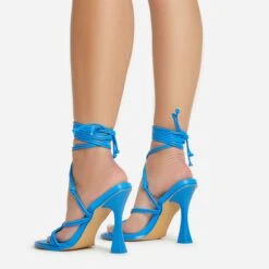 EGO Tied-Up Lace Up Knotted Strap Detail Round Toe Flared Block Heel In Blue Faux Leather -EGO shop 06 01 23 fw46095 sb2