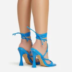 EGO Tied-Up Lace Up Knotted Strap Detail Round Toe Flared Block Heel In Blue Faux Leather -EGO shop 06 01 23 fw46096 sb
