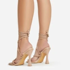 EGO Tied-Up Lace Up Knotted Strap Detail Round Toe Flared Block Heel In Nude Faux Leather -EGO shop 06 01 23 fw46100 sb