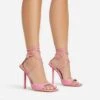 EGO Pamela Lace Up Strappy Square Peep Toe Stiletto Heel In Pink Patent