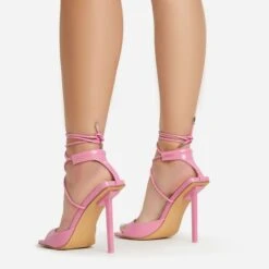 EGO Pamela Lace Up Strappy Square Peep Toe Stiletto Heel In Pink Patent -EGO shop 06 01 23 fw46117 sb2