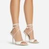 EGO Pamela Lace Up Strappy Square Peep Toe Stiletto Heel In White Patent