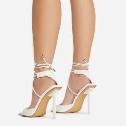 EGO Pamela Lace Up Strappy Square Peep Toe Stiletto Heel In White Patent -EGO shop 06 01 23 fw46122 sb