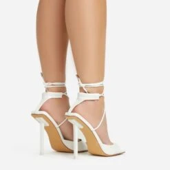 EGO Pamela Lace Up Strappy Square Peep Toe Stiletto Heel In White Patent -EGO shop 06 01 23 fw46123 sb