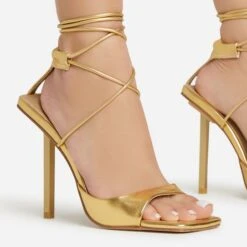 EGO Pamela Lace Up Strappy Square Peep Toe Stiletto Heel In Gold Faux Leather -EGO shop 06 01 23 fw46126 sq