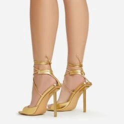 EGO Pamela Lace Up Strappy Square Peep Toe Stiletto Heel In Gold Faux Leather -EGO shop 06 01 23 fw46127 sb2