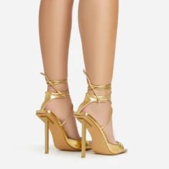 EGO Pamela Lace Up Strappy Square Peep Toe Stiletto Heel In Gold Faux Leather -EGO shop 06 01 23 fw46128 sb