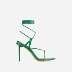 EGO Spider Lace Up Knotted Strap Detail Square Toe Thin Stiletto Heel In Green Faux Leather -EGO shop 06 01 23 fw46173 sq