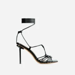 EGO Tour Lace Up Knotted Strap Cage Detail Square Toe Thin Stiletto Heel In Black Faux Leather -EGO shop 06 01 23 fw46193 1 sq