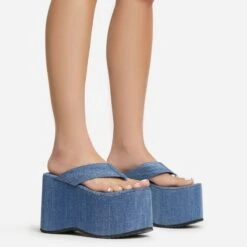 EGO Burning Thong Strap Extreme Platform Wedge Heel Mule In Blue Denim -EGO shop 06 01 23 fw47241 s