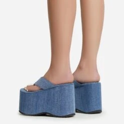EGO Burning Thong Strap Extreme Platform Wedge Heel Mule In Blue Denim -EGO shop 06 01 23 fw47243 sb