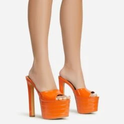 EGO Merge Peep Toe Exteme Platform Thin Block Heel Mule In Orange Patent -EGO shop 06 01 23 fw47302 s