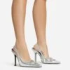 EGO Interlocking Diamante Detail Pointed Toe Slingback Court Heel In Silver Faux Leather