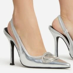 EGO Interlocking Diamante Detail Pointed Toe Slingback Court Heel In Silver Faux Leather -EGO shop 06 01 23 fw47324 sq