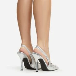 EGO Interlocking Diamante Detail Pointed Toe Slingback Court Heel In Silver Faux Leather -EGO shop 06 01 23 fw47326 sq