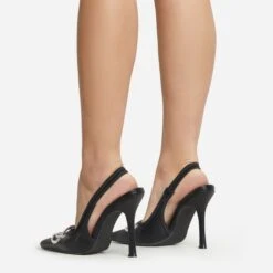 EGO Interlocking Diamante Detail Pointed Toe Slingback Court Heel In Black Faux Leather -EGO shop 06 01 23 fw47330 sq