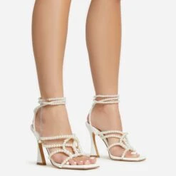 EGO Truth-Or-Dare Beaded Strap Detail Square Toe Flared Block Heel In White Faux Leather -EGO shop 06 01 23 fw47392 s