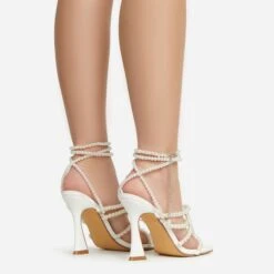EGO Truth-Or-Dare Beaded Strap Detail Square Toe Flared Block Heel In White Faux Leather -EGO shop 06 01 23 fw47395 sb2