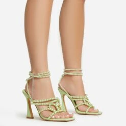 EGO Truth-Or-Dare Beaded Strap Detail Square Toe Flared Block Heel In Green Faux Leather -EGO shop 06 01 23 fw47408 s