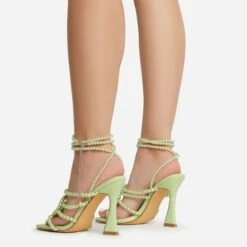 EGO Truth-Or-Dare Beaded Strap Detail Square Toe Flared Block Heel In Green Faux Leather -EGO shop 06 01 23 fw47410 sb