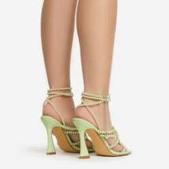 EGO Truth-Or-Dare Beaded Strap Detail Square Toe Flared Block Heel In Green Faux Leather -EGO shop 06 01 23 fw47411 sb2