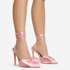 EGO Bowdown Lace Up Bow Detail Pointed Toe Stiletto Heel In Pink Satin