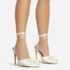 EGO Bowdown Lace Up Bow Detail Pointed Toe Stiletto Heel In Cream Satin -EGO shop 06 01 23 fw47418 s