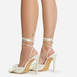 EGO Bowdown Lace Up Bow Detail Pointed Toe Stiletto Heel In Cream Satin -EGO shop 06 01 23 fw47420 sb
