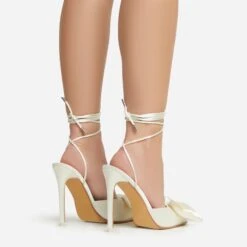 EGO Bowdown Lace Up Bow Detail Pointed Toe Stiletto Heel In Cream Satin -EGO shop 06 01 23 fw47421 sb2