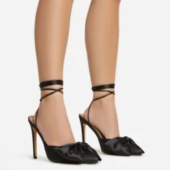 EGO Bowdown Lace Up Bow Detail Pointed Toe Stiletto Heel In Black Satin