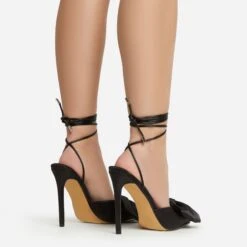 EGO Bowdown Lace Up Bow Detail Pointed Toe Stiletto Heel In Black Satin -EGO shop 06 01 23 fw47426 sb2