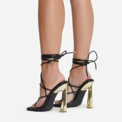 EGO Roseville Lace Up Quilted Insole Square Toe Cut Out Flared Heel In Black Faux Leather -EGO shop 06 07 221447