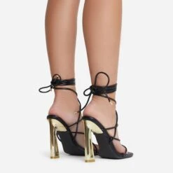 EGO Roseville Lace Up Quilted Insole Square Toe Cut Out Flared Heel In Black Faux Leather -EGO shop 06 07 221448