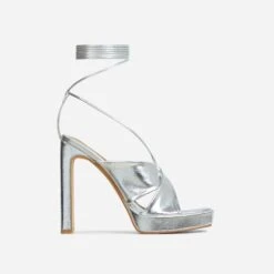 EGO Ranger Lace Up Twisted Strap Detail Square Toe Platform Thin Block Heel In Silver Metallic Faux Leather -EGO shop 06 10 22 fw10487