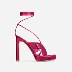 EGO Ranger Lace Up Twisted Strap Detail Square Toe Platform Thin Block Heel In Pink Metallic Faux Leather -EGO shop 06 10 22 fw10489