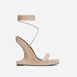 EGO Raven Lace Up Platform Sole Cut Out Wedge Heel In Nude Faux Leather -EGO shop 06 10 22 fw10496