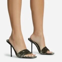 EGO Tribute Open Square Toe Stiletto Heel Mule In Khaki Green Velvet