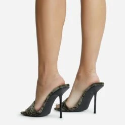 EGO Tribute Open Square Toe Stiletto Heel Mule In Khaki Green Velvet -EGO shop 06 10 22 fw12661 sq