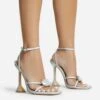 EGO Treasure Ankle Strap Gem Detail Square Toe Statement Heel In Silver Iridescent Faux Leather