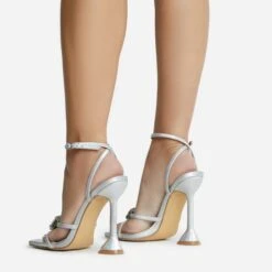 EGO Treasure Ankle Strap Gem Detail Square Toe Statement Heel In Silver Iridescent Faux Leather -EGO shop 06 10 22 fw12671 sq