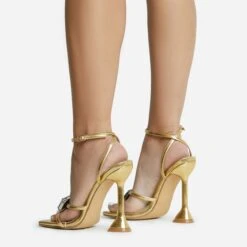 EGO Treasure Ankle Strap Gem Detail Square Toe Statement Heel In Gold Faux Leather -EGO shop 06 10 22 fw12676 sq