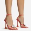 EGO Treasure Ankle Strap Gem Detail Square Toe Statement Heel In Red Faux Leather